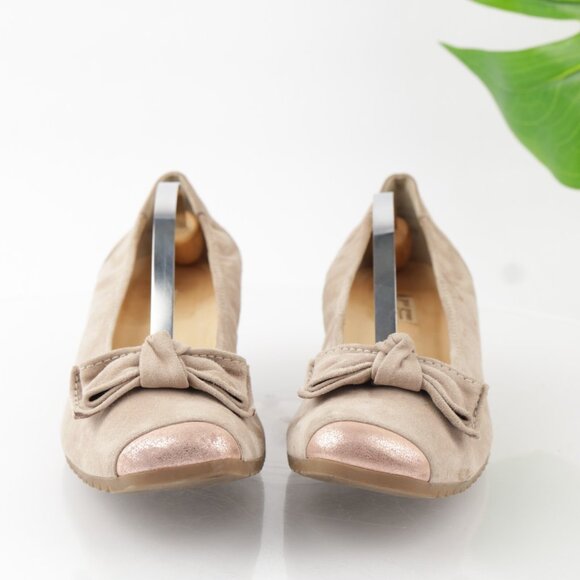 Paul Green Womens Nola Slip On Shoes Size 10 Tan Suede Rose Gold Low Wedge Bows - Picture 2 of 15